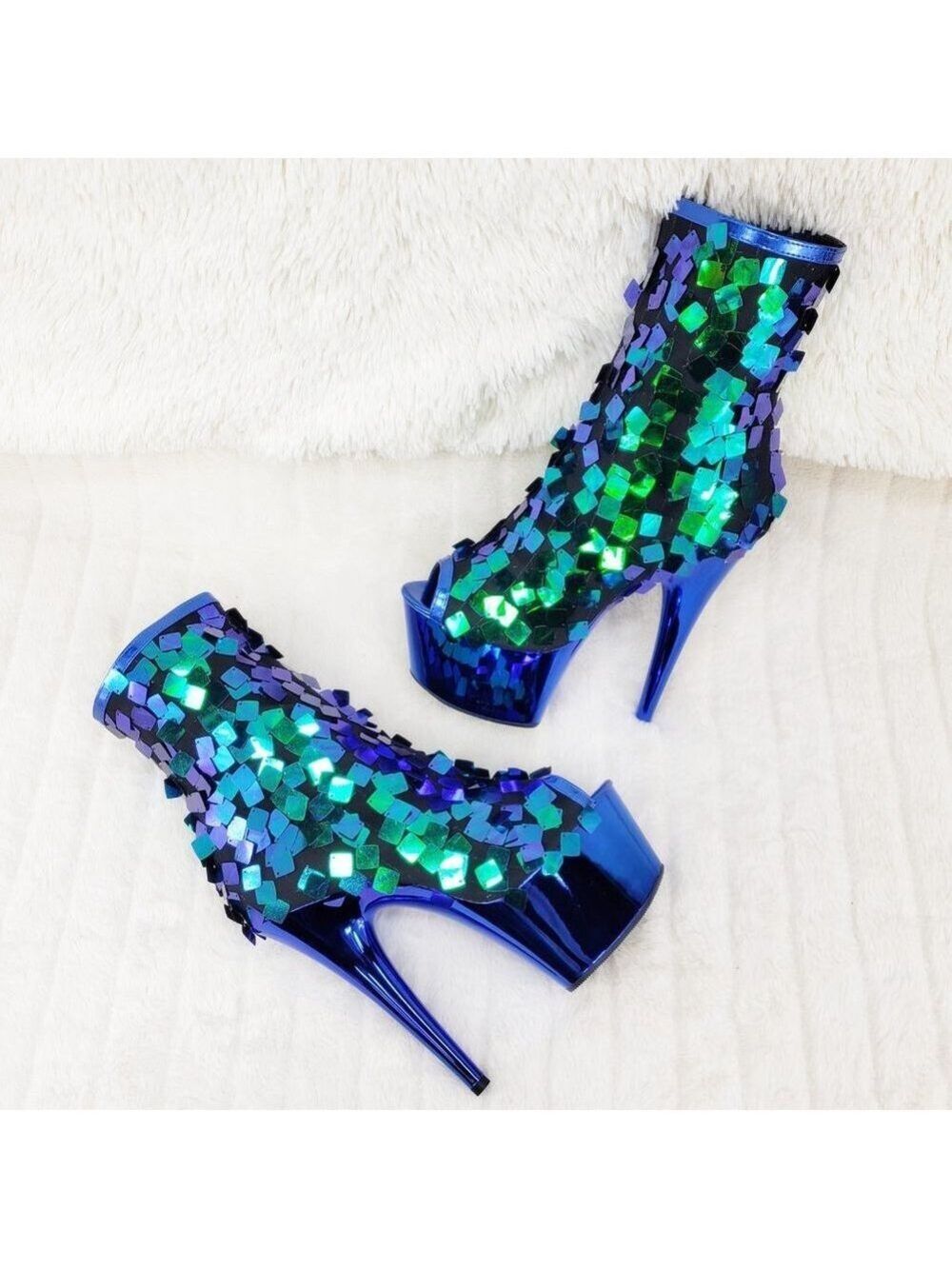 Blue Green Sequin Platform Ankle Boots 1031SQ